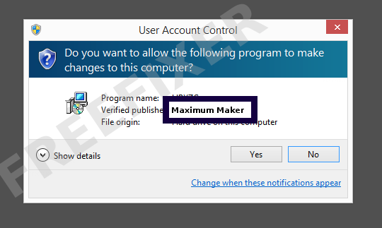 Screenshot where Maximum Maker appears as the verified publisher in the UAC dialog